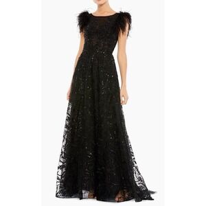 Mac Duggal Black Feather Cap Sleeve Embroidered Beaded A-Line Gown Size 18 $798